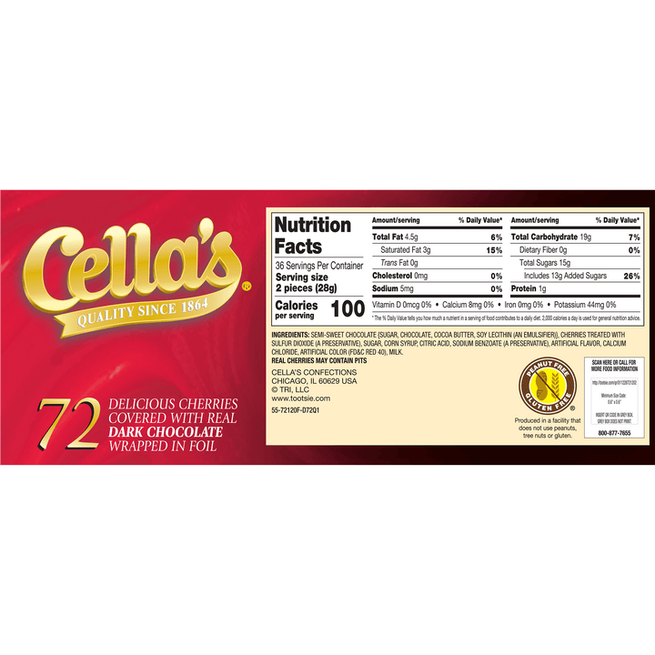 Cella's Dark Chocolate Covered Cherries Individually Wrapped  (2.25 lb / 72 ct. Box) Nutrition Facts Panel