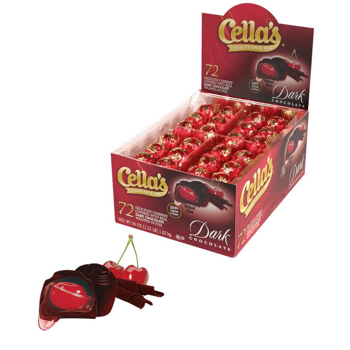 Cella's Dark Chocolate Covered Cherries Individually Wrapped  (2.25 lb / 72 ct. Box) with chocolates and cherries next to it