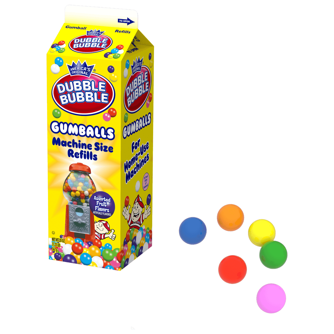 Dubble Bubble Assorted Gumballs (20 oz. Refill Carton) with gum next to it