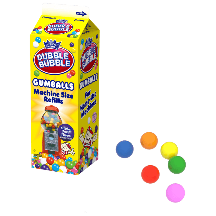 Dubble Bubble Assorted Gumballs (20 oz. Refill Carton) with gum next to it