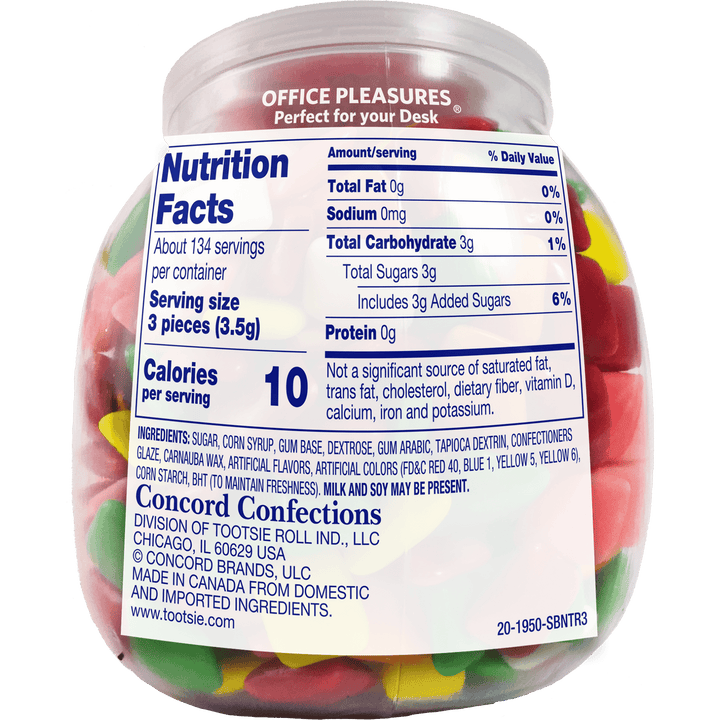 Dubble Bubble Office Pleasures Assorted Chewing Gum (16 oz. Jar) Nutrition Facts Panel