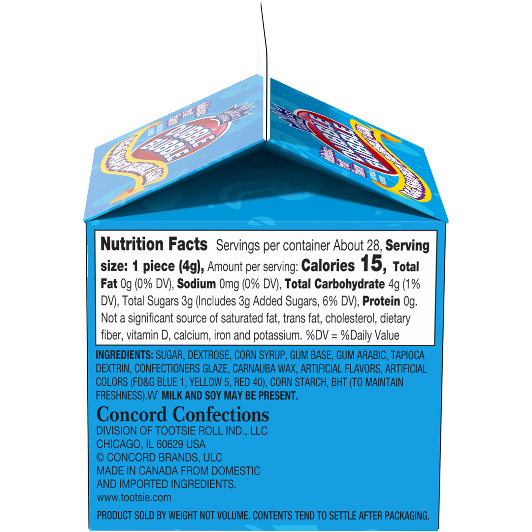 Dubble Bubble Easter Egg Shaped Bubble Gum Milk Carton (4 oz. Carton) Nutrition Facts Panel