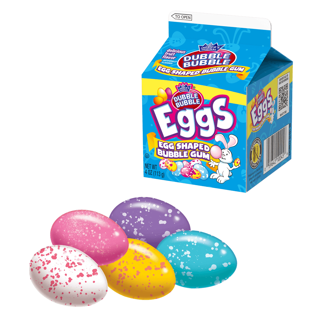 Dubble Bubble Easter Egg Shaped Bubble Gum Milk Carton (4 oz. Carton) with candies next to it