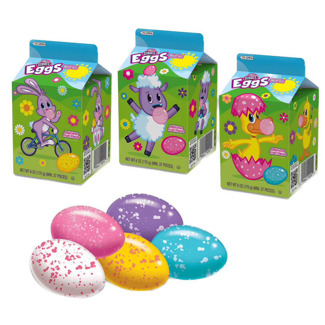 Dubble Bubble Easter Bubble Gum Eggs (6 oz. Milk Carton) with candies in front of it