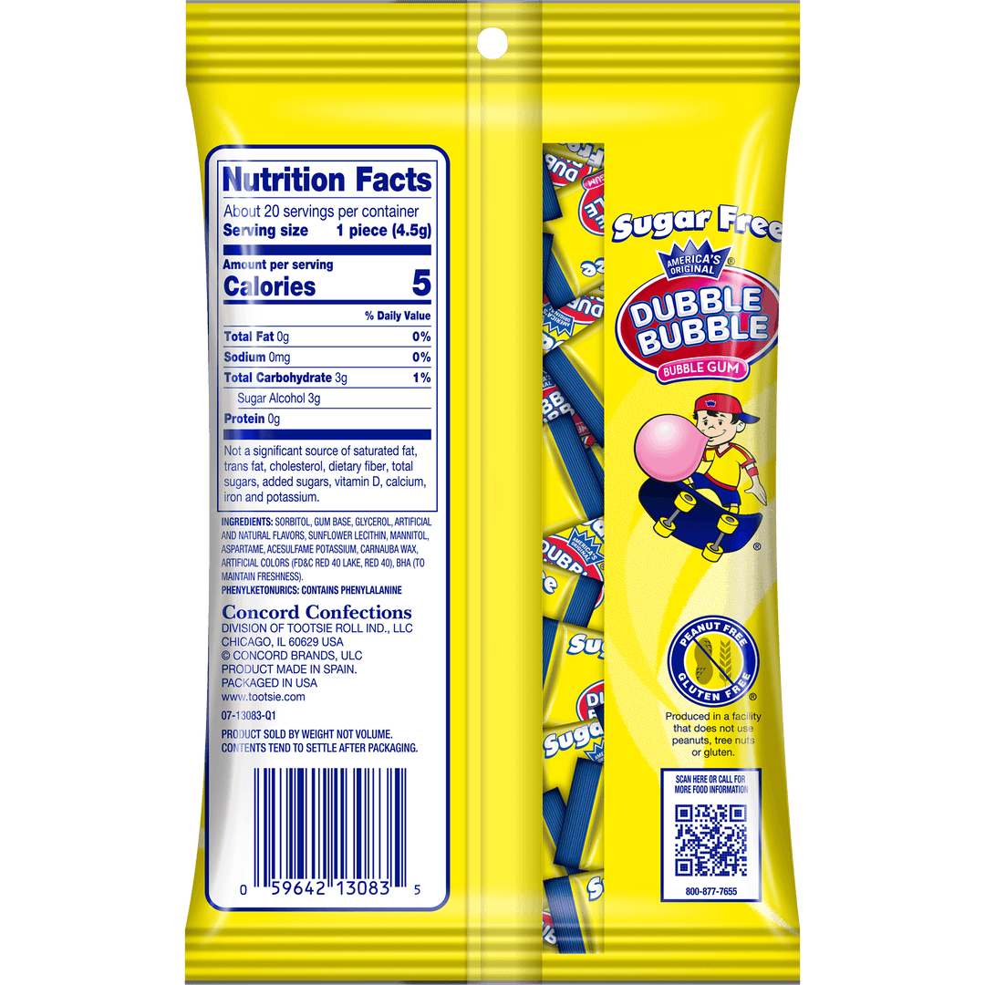 Dubble Bubble Sugar Free Original Twist (3.25 oz. Bag). Nutrition Facts Panel
