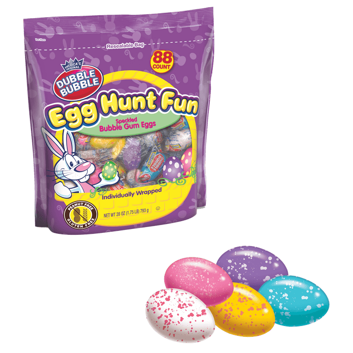 Dubble Bubble Easter Egg Hunt Fun Bubble Gum Eggs Individually Wrapped (28 oz. Bag) with candies next to it