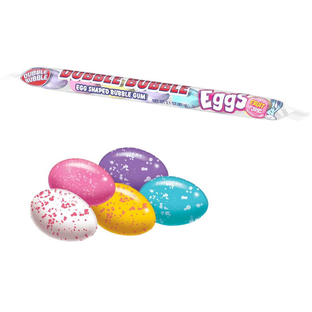 Dubble Bubble Easter Bubble Gum Eggs (2.1 oz. / 7 ct. Tube) with closed up candies in front