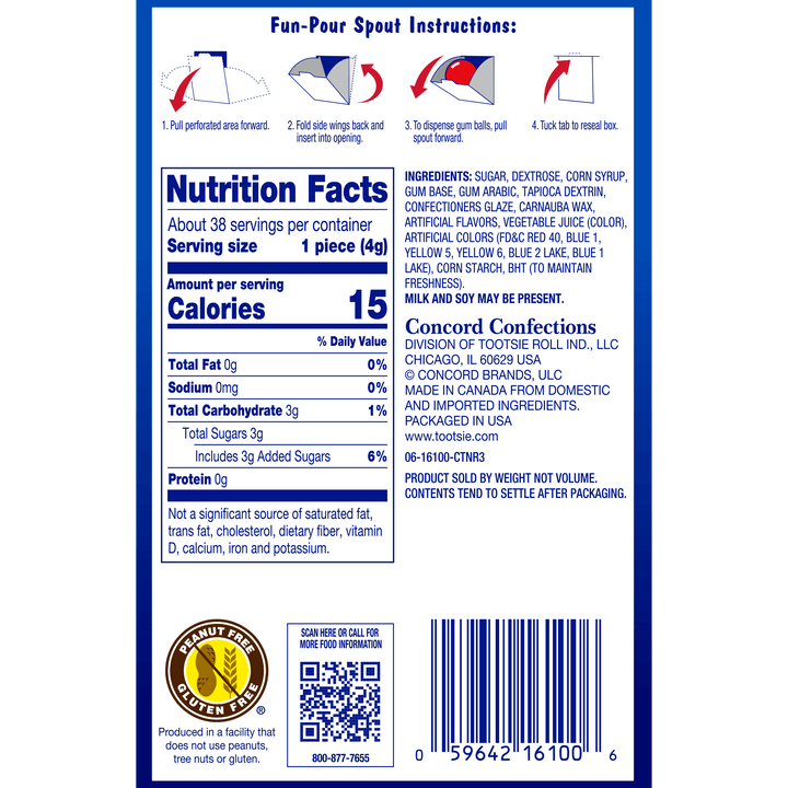 Dubble Bubble Assorted Fruit Flavors Gumball Machine Box (5.24 oz. Box) Nutrition Facts Panel