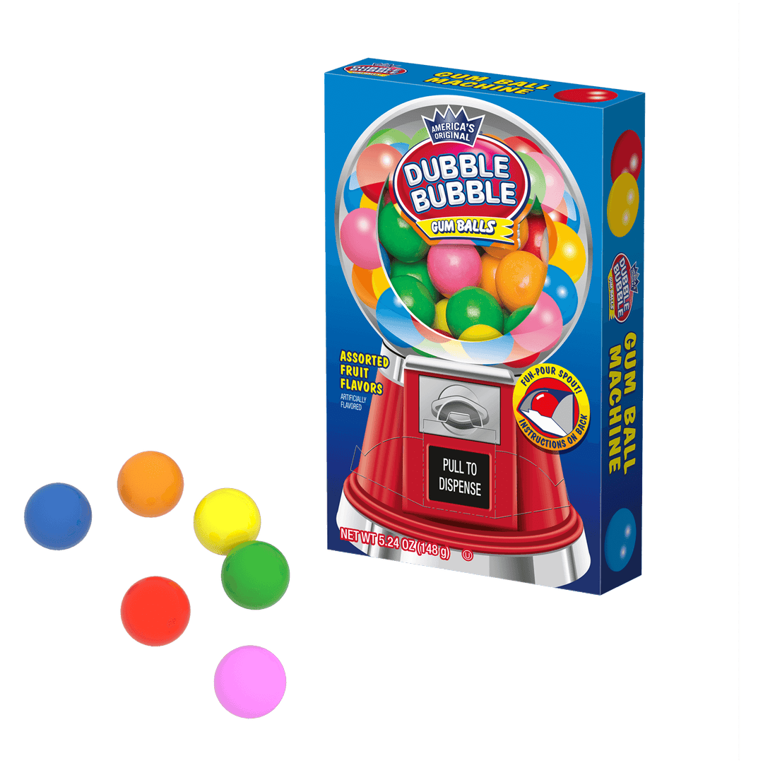 Dubble Bubble Assorted Fruit Flavors Gumball Machine Box (5.24 oz. Box) with candies next to it