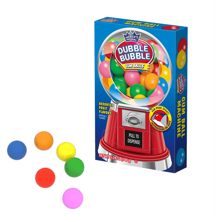 Dubble Bubble Assorted Fruit Flavors Gumball Machine Box (5.24 oz. Box) with candies next to it