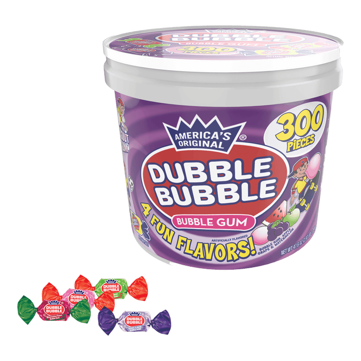 Dubble Bubble Assorted Twist (47.6 oz. / 300 ct. Tub) with candies next to it