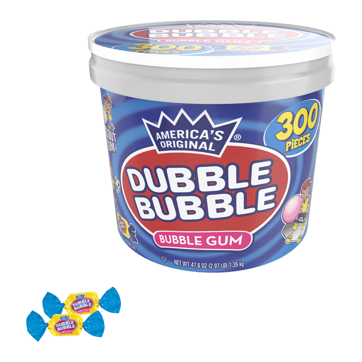 Dubble Bubble Original Twist ( 47.6 oz. / 300 ct. Tub) with candies next to it