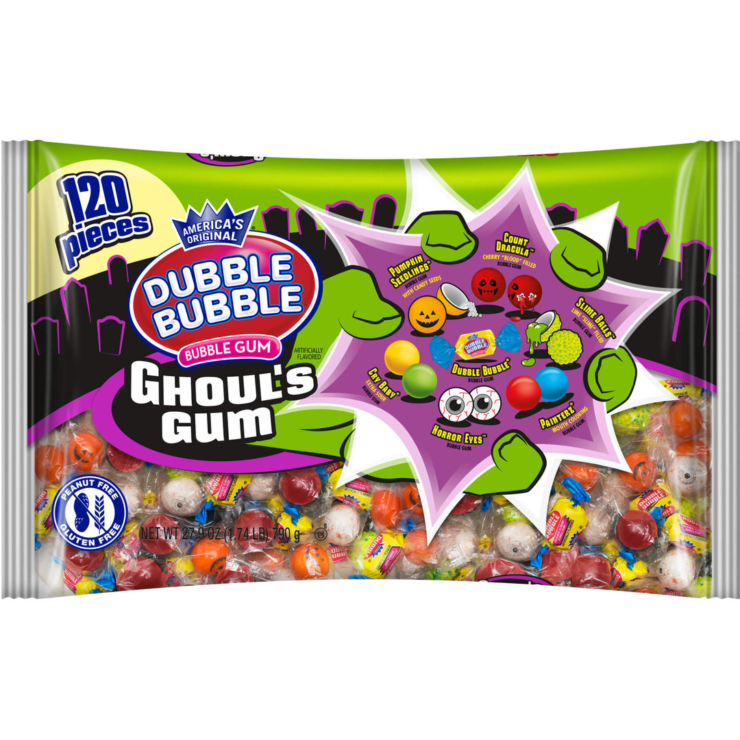 Dubble Bubble Ghoul's Gum package with colorful gummy candies on a white background