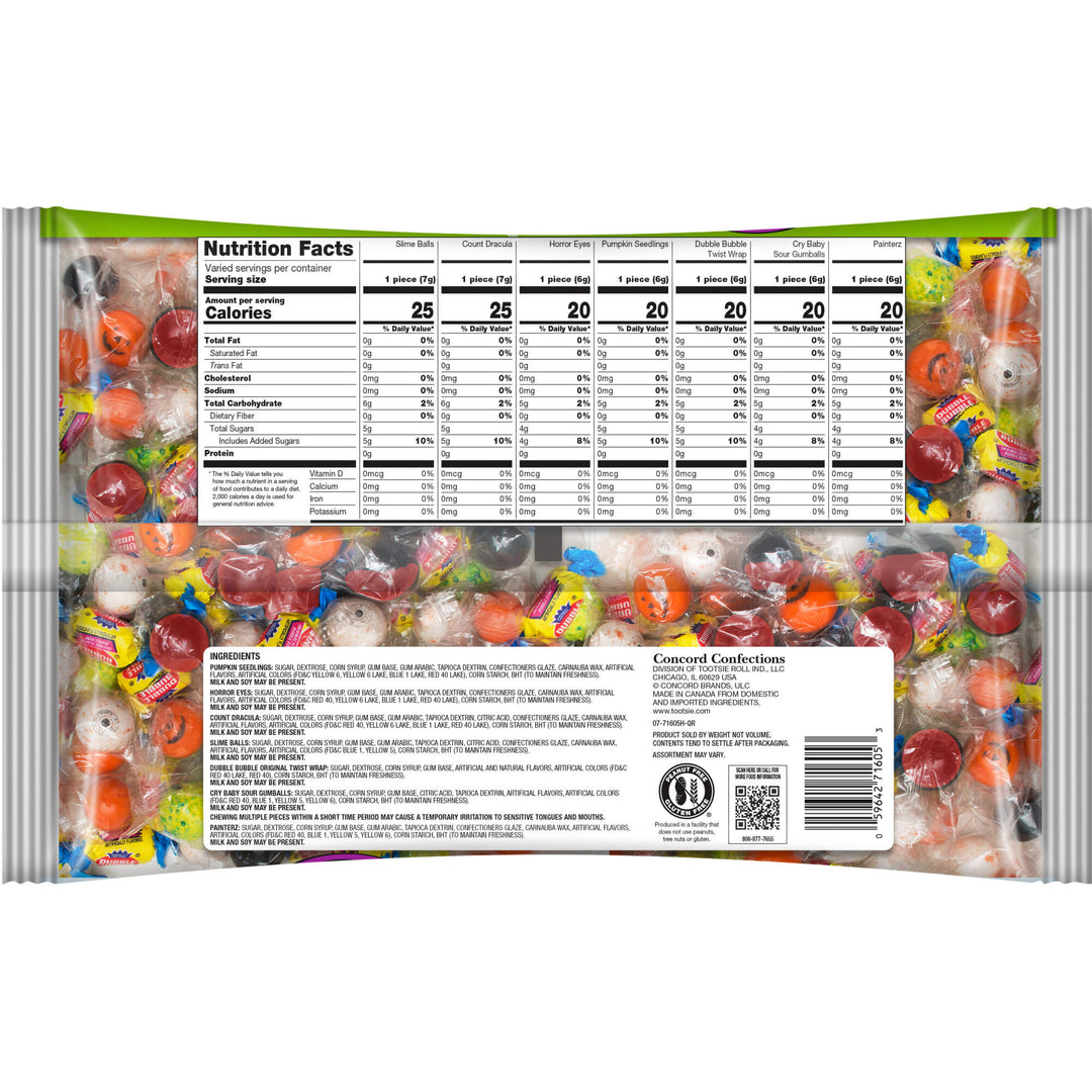 Packaged candy with a detailed nutrition facts label on a white background