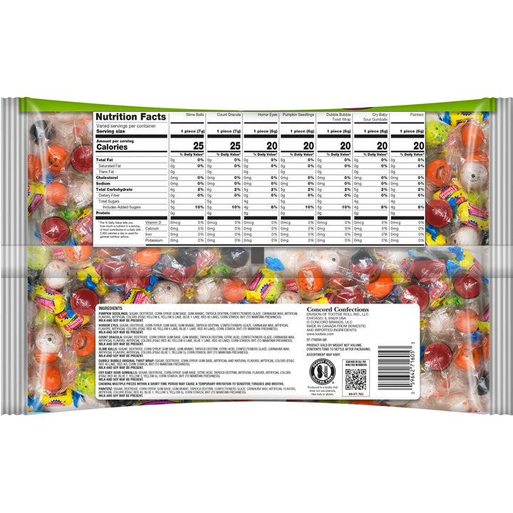 Packaged candy with a detailed nutrition facts label on a white background