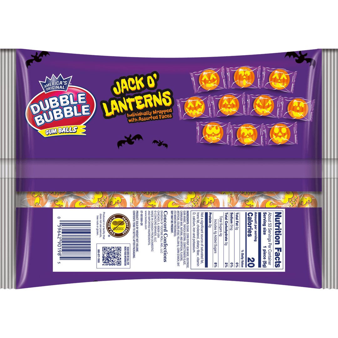 Dubble Bubble Jack-o-Latern Gumballs (9.86 oz. Bag) Nutrition Facts Panel