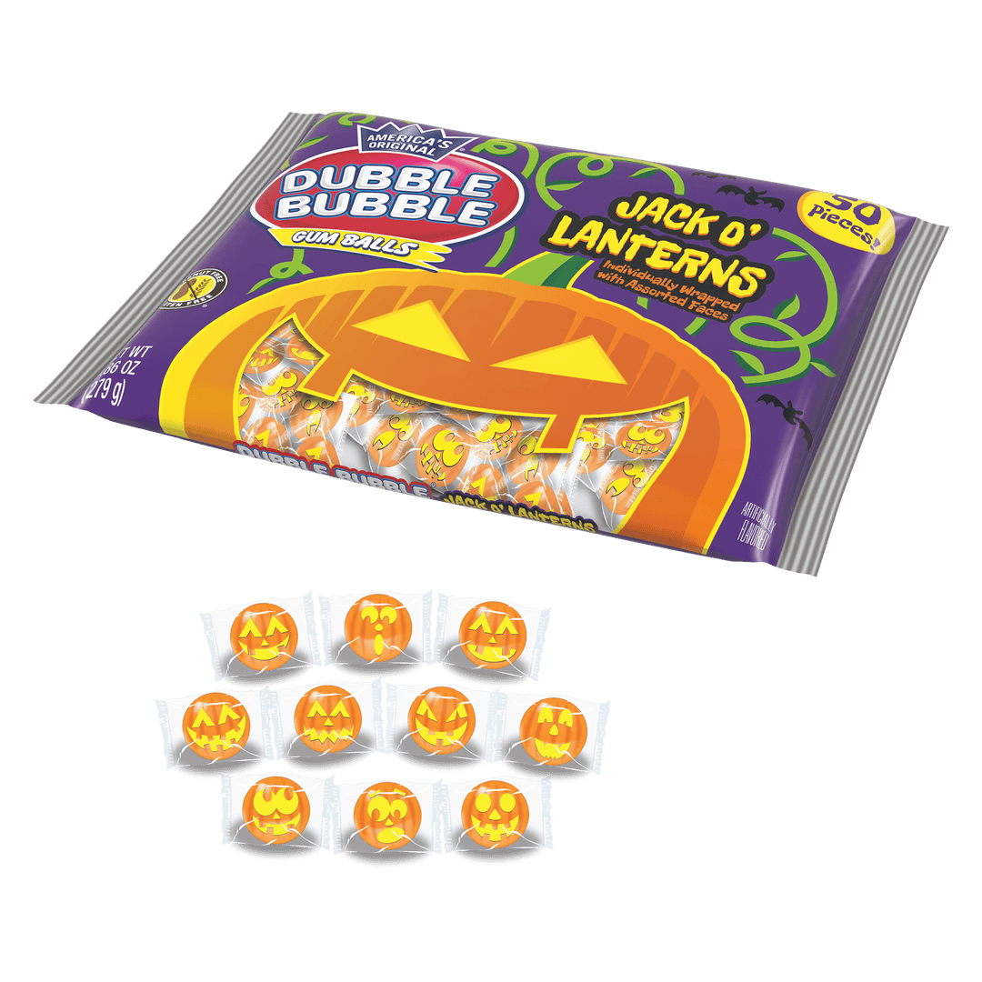 Dubble Bubble Jack-o-Latern Gumballs (9.86 oz. Bag) with candies next to it