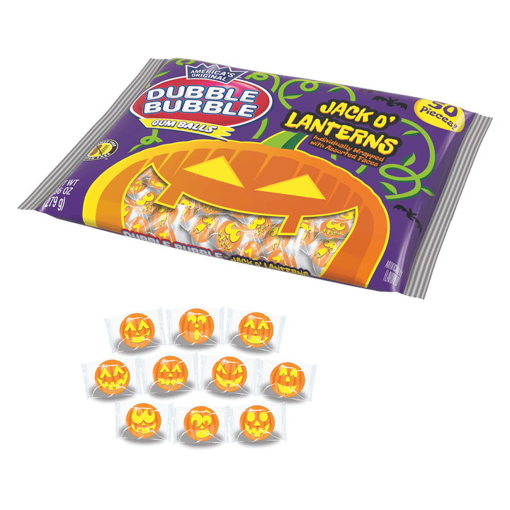 Dubble Bubble Jack-o-Latern Gumballs (9.86 oz. Bag) with candies next to it