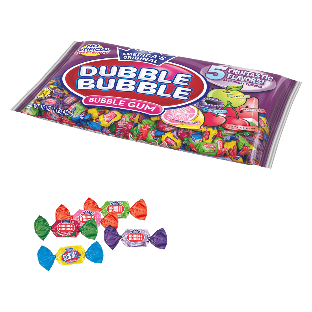 Dubble Bubble Assorted Twist (1 lb. Bag) with candies next to it