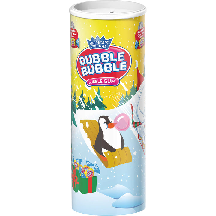 A tall cylindrical canister of Dubble Bubble bubble gum with a white lid, featuring a colorful winter penguin illustration on a yellow and blue label.