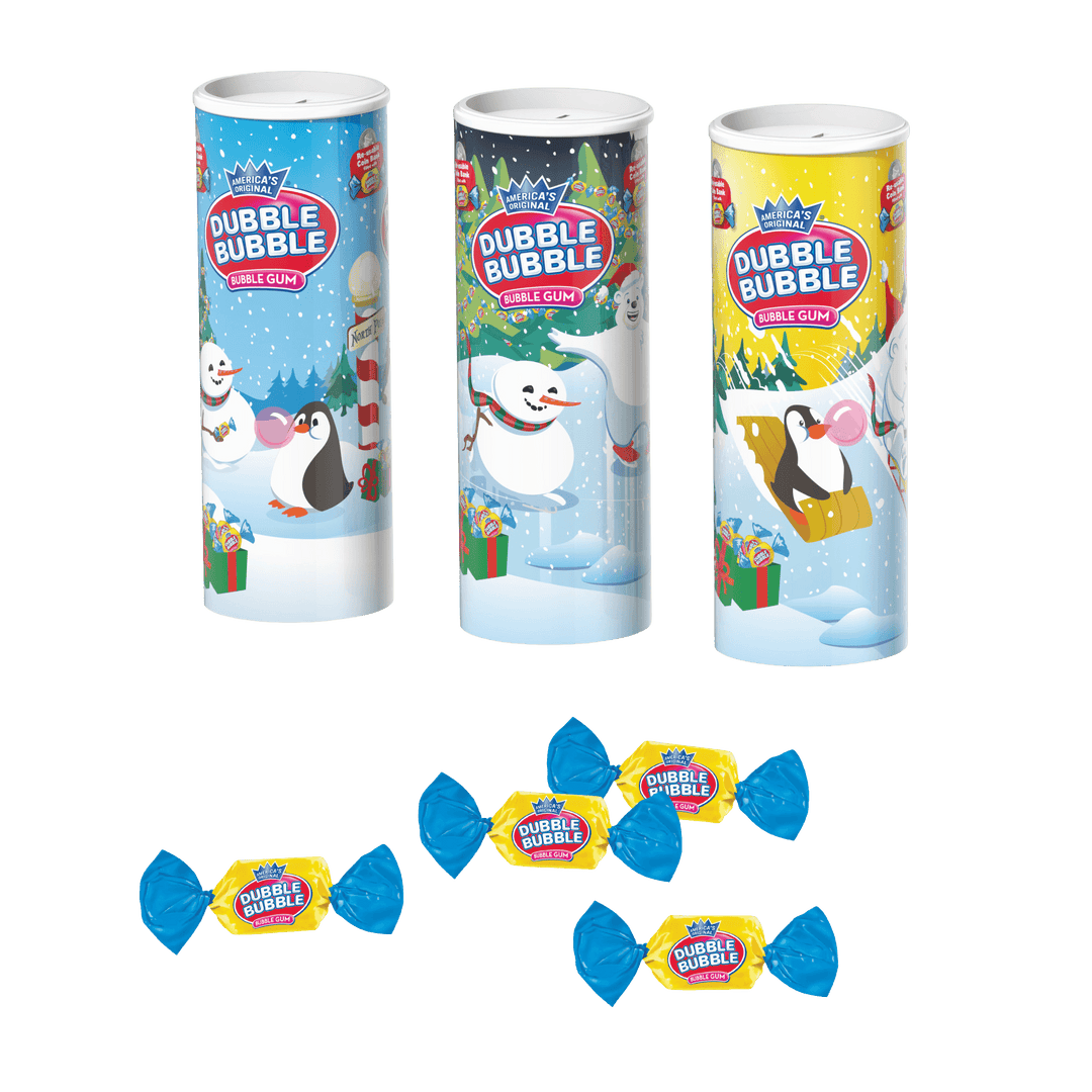 Three tall cylindrical tubes of Dubble Bubble White Gum candy with winter-themed illustrations, shown above five individually wrapped blue and yellow candy pieces on a plain white background.