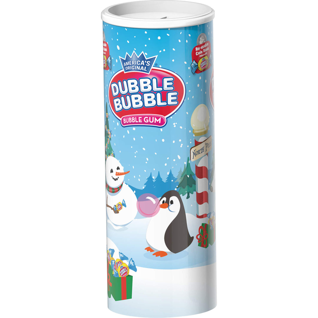 A tall cylindrical canister of Dubble Bubble Dubble Gum bubble gum with a festive winter holiday design, featuring a snowman, penguin, and candy cane on a snowy blue background.