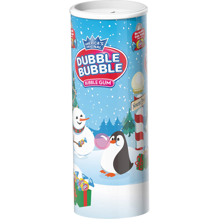 A tall cylindrical canister of Dubble Bubble Dubble Gum bubble gum with a festive winter holiday design, featuring a snowman, penguin, and candy cane on a snowy blue background.