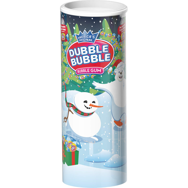 A tall cylindrical tube of Dubble Bubble bubble gum featuring a festive winter holiday design with a snowman, a white polar bear, a Christmas tree, and gift boxes on a white background.