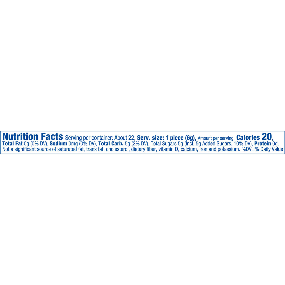 A Nutrition Facts label on a white background with blue text, showing serving size, calories, and macronutrient information for a single product piece.