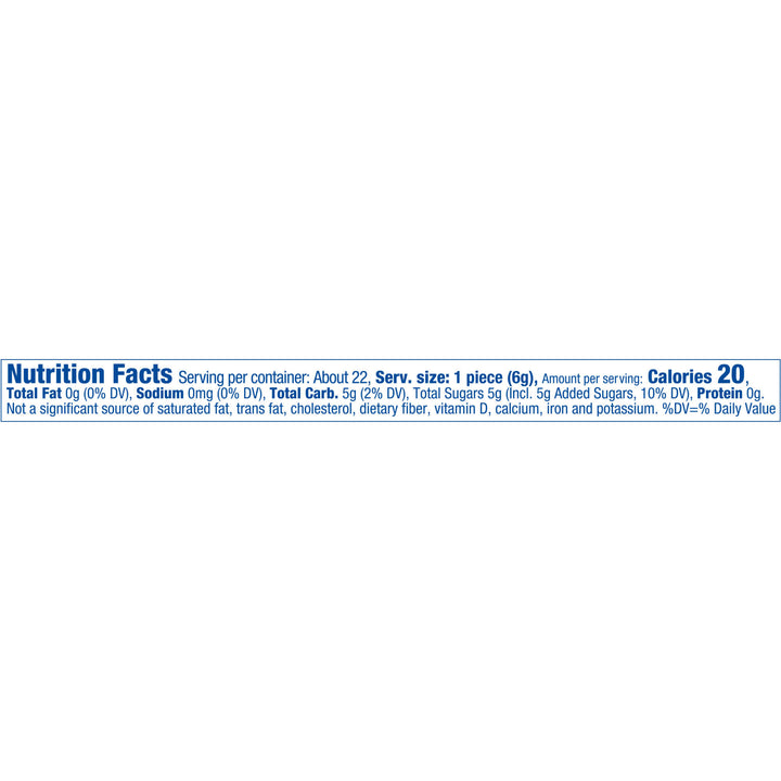 A Nutrition Facts label on a white background with blue text, showing serving size, calories, and macronutrient information for a single product piece.