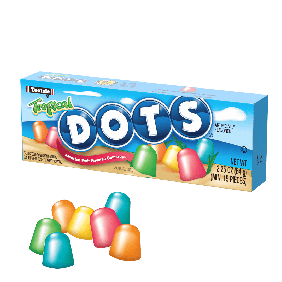 DOTS Tropical Assorted Gum Drops (2.25 oz. Box) with candies next to it