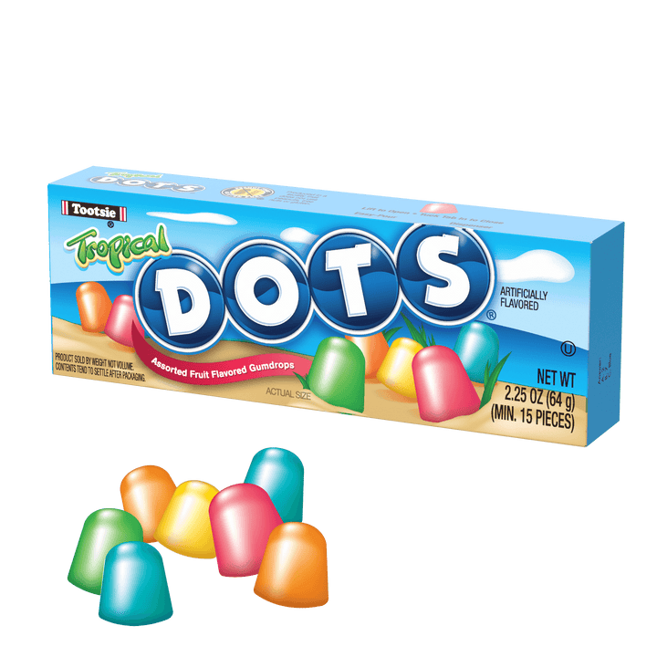 DOTS Tropical Assorted Gum Drops (2.25 oz. Box) with candies next to it