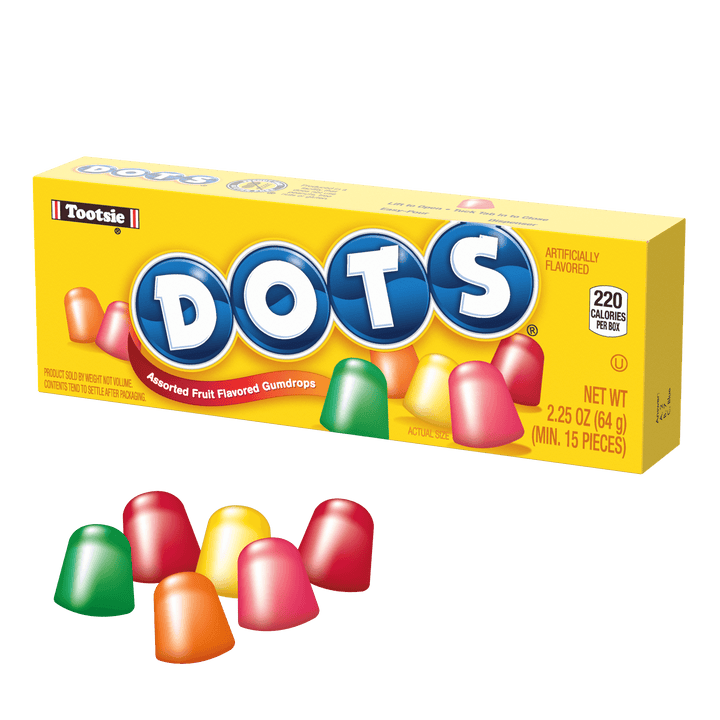 DOTS Original Assorted Gum Drops (2.25 oz. Box) with candies next to it