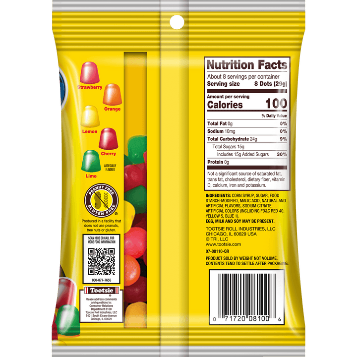 DOTS Assorted Fruit Gum Drops (8 oz. Bag) Nutrition Facts Panel
