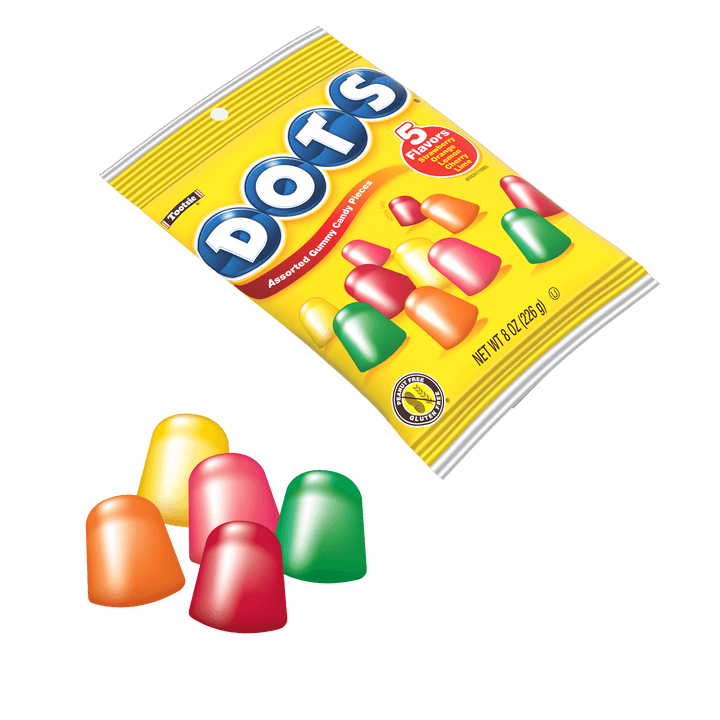 DOTS Assorted Fruit Gum Drops (8 oz. Bag) with candies next to it