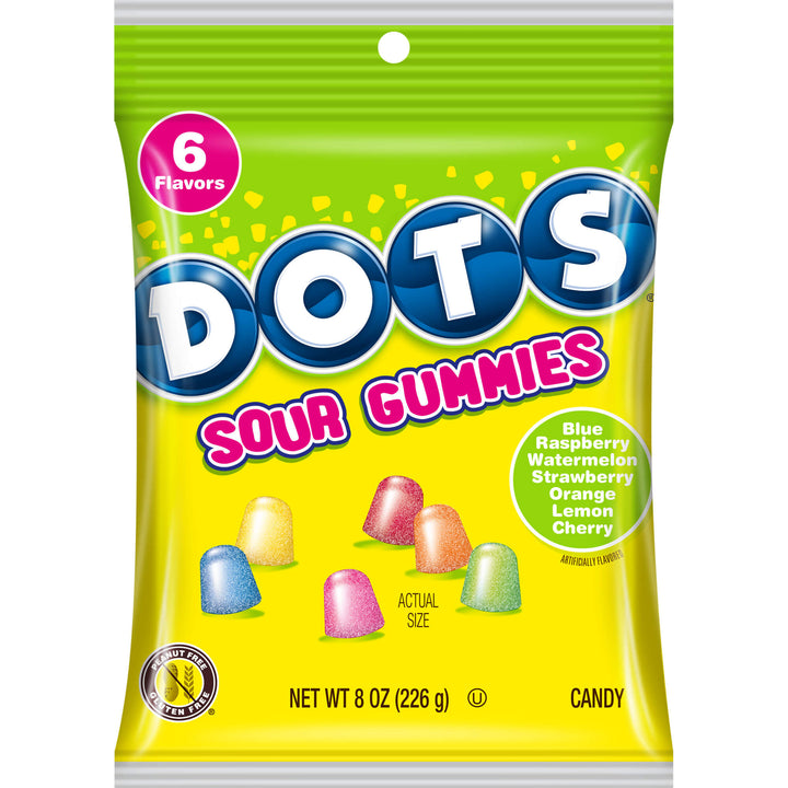 Packaging of DOTS Sour Gummies with colorful gummy bears on a yellow background