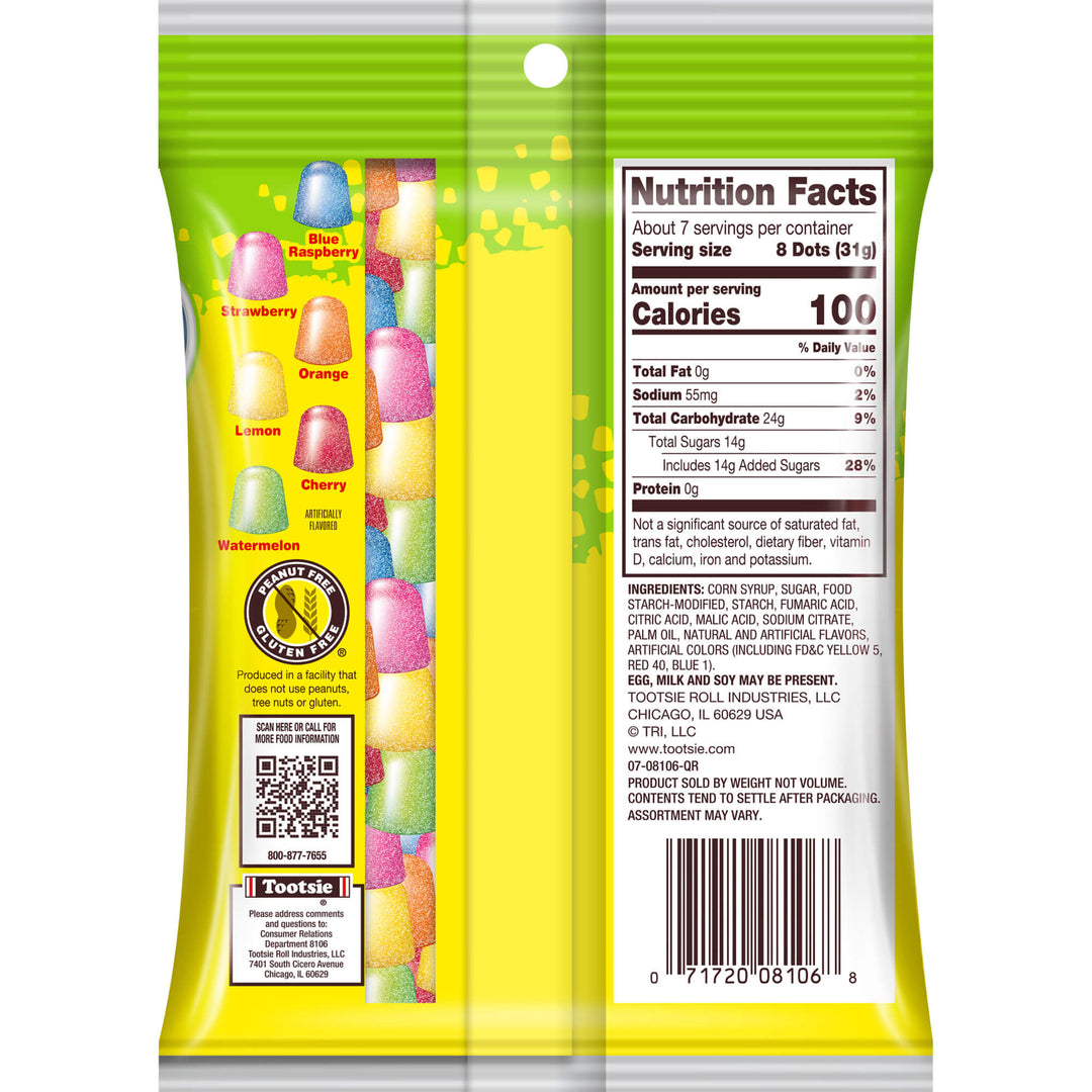 Packaged candy with colorful dots and nutrition facts label on a white background