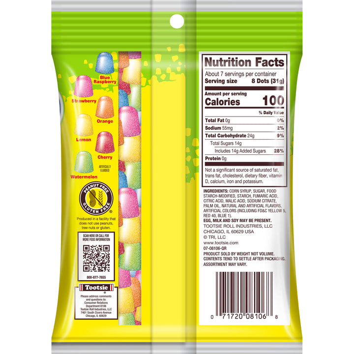 Packaged candy with colorful dots and nutrition facts label on a white background