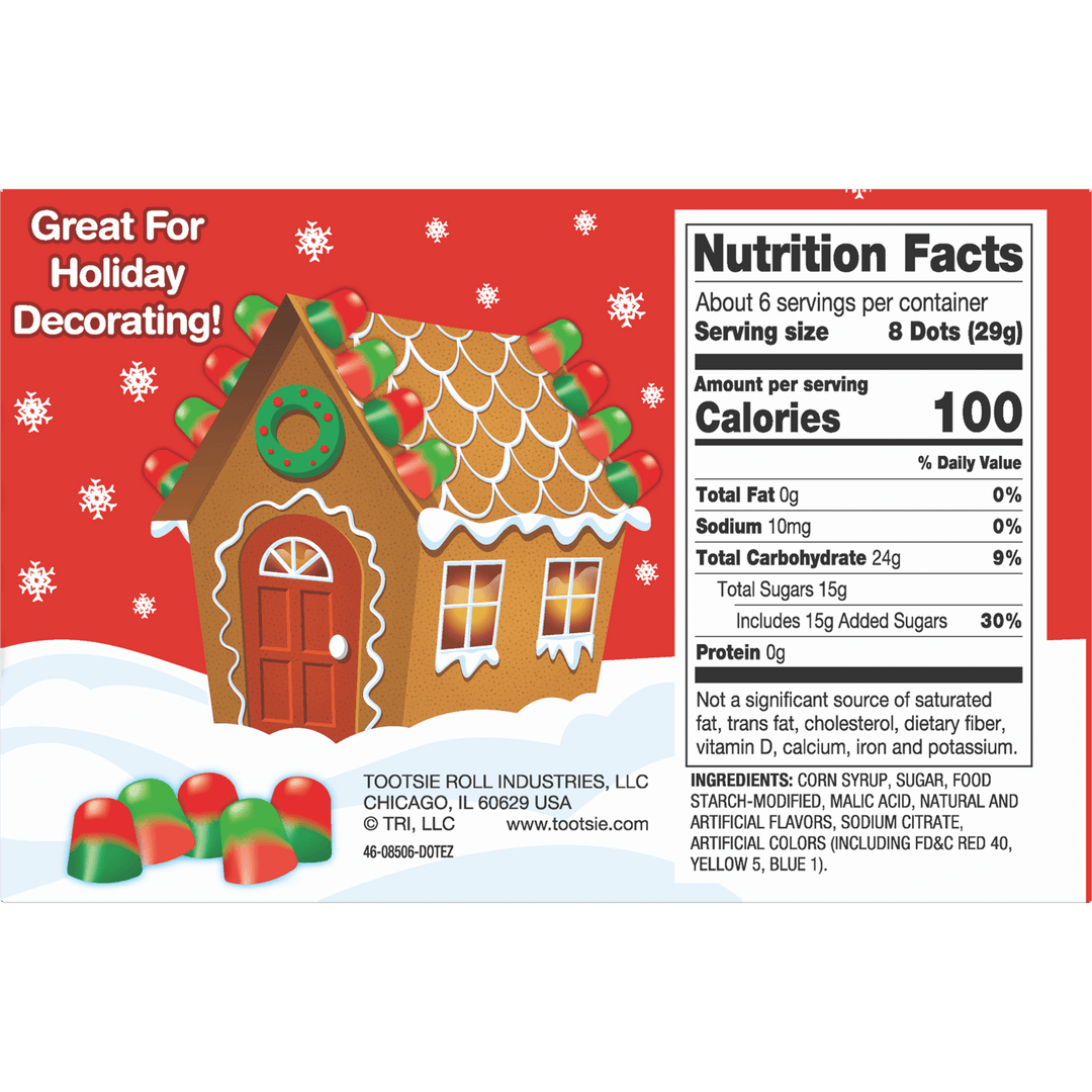 DOTS Assorted Holiday Gum Drops (6.5 oz. Box) Nutrition Facts Panel