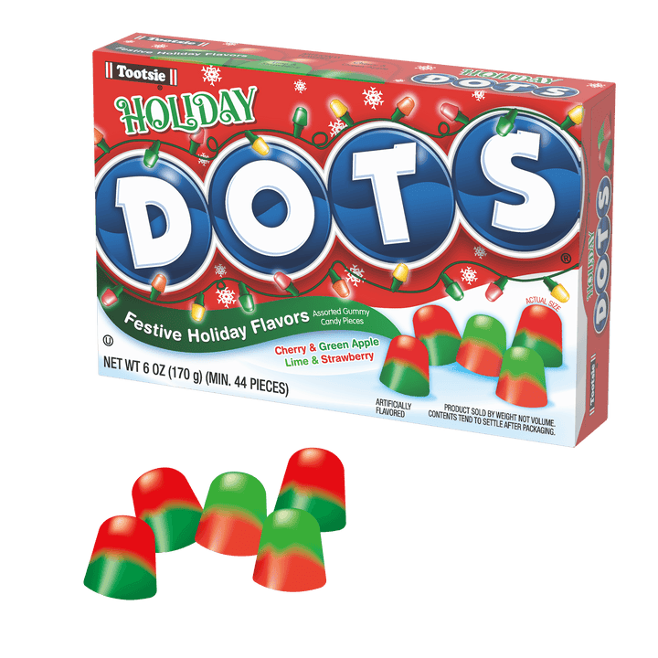 DOTS Assorted Holiday Gum Drops (6.5 oz. Box) with candies next to it