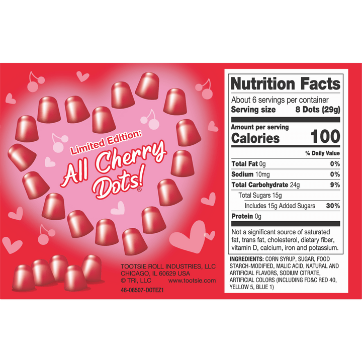 DOTS Valentine Cherry Lovers Candy Gum Drops (6 oz. Box) Nutrition Facts Panel