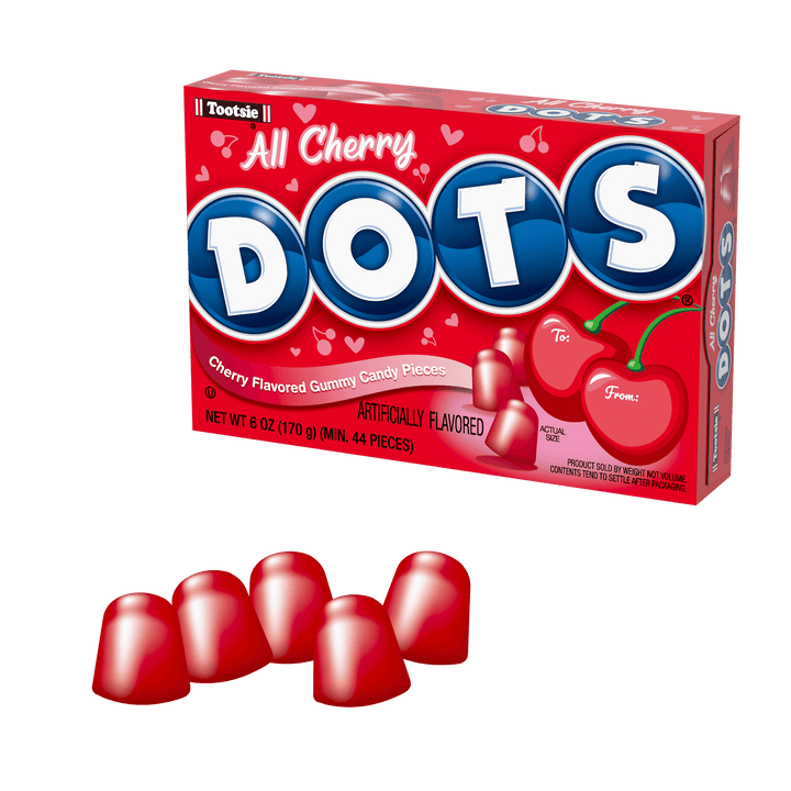 DOTS Valentine Cherry Lovers Candy Gum Drops (6 oz. Box) with candies next to it