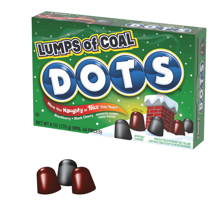 DOTS Lumps of Coal Gumdrops (6 oz. Box) with candies next to it