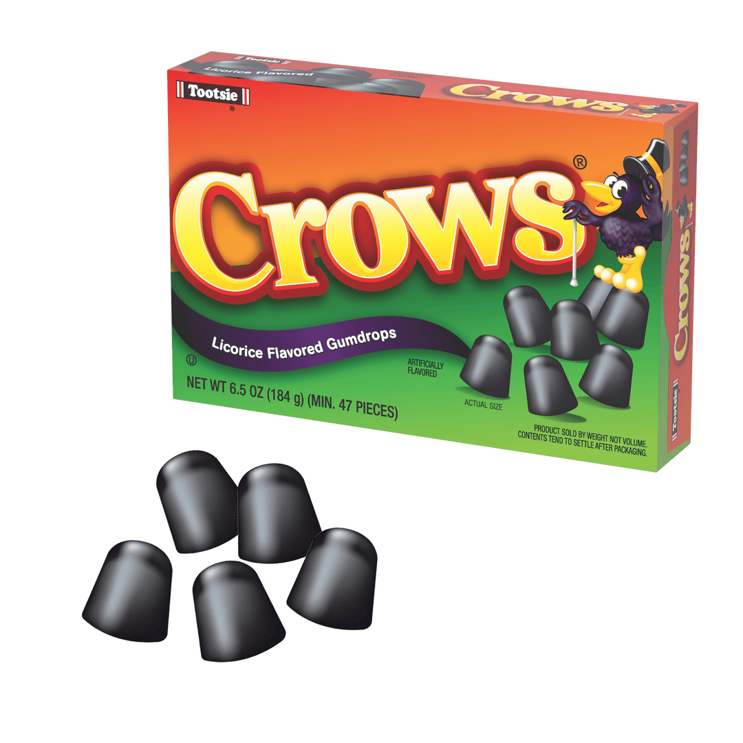 DOTS Crows Licorice Flavored Gumdrops (7.5 oz. Box) with candies in front of it