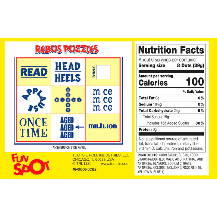 DOTS Assorted Fruit Flavored Gum Drops (6.5 oz. Box) Nutrition Facts Panel