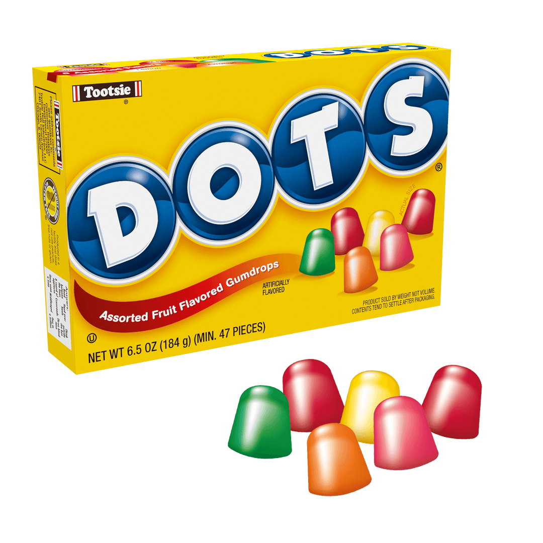 DOTS Assorted Fruit Flavored Gum Drops (6.5 oz. Box) with candies next to it