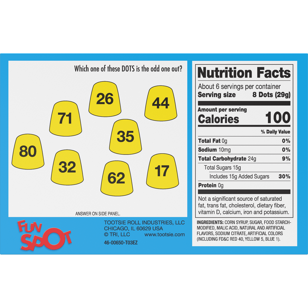 DOTS Assorted Tropical Flavored Gum Drops (6.5 oz. Box) Nutrition Facts Panel