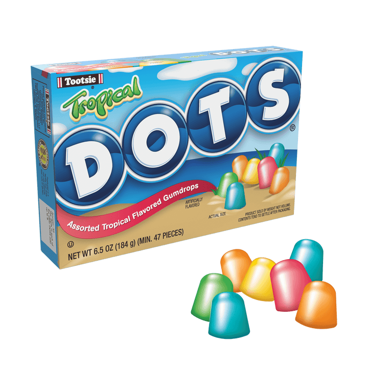 DOTS Assorted Tropical Flavored Gum Drops (6.5 oz. Box) with candies next to it