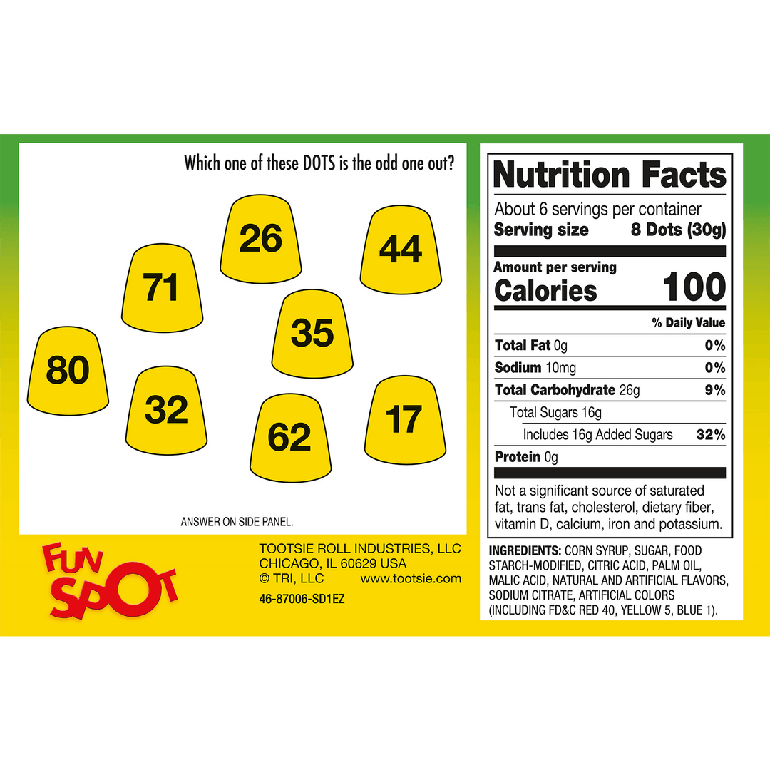 DOTS Assorted Sour Flavored Gum Drops (6.5 oz. Box) Nutrition Facts Panel