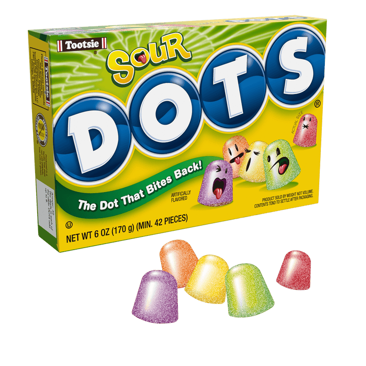 DOTS Assorted Sour Flavored Gum Drops (6.5 oz. Box) with candies next to it